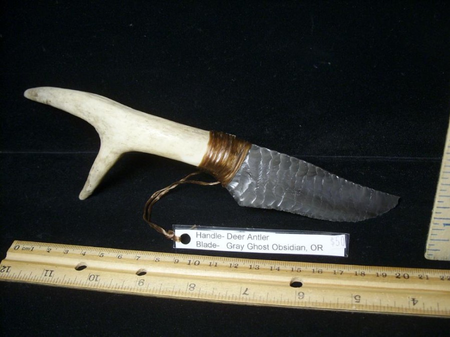 Stone Knapped Knives StonesBones | Stone Knapped Knife With Antler Handle (052823J) - The Stones & Bones Collection